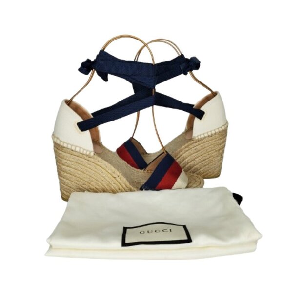 Gucci Lilibeth Sylvie Web Multicolor Canvas Wedge Espadrille Sandals - Picture 8 of 9